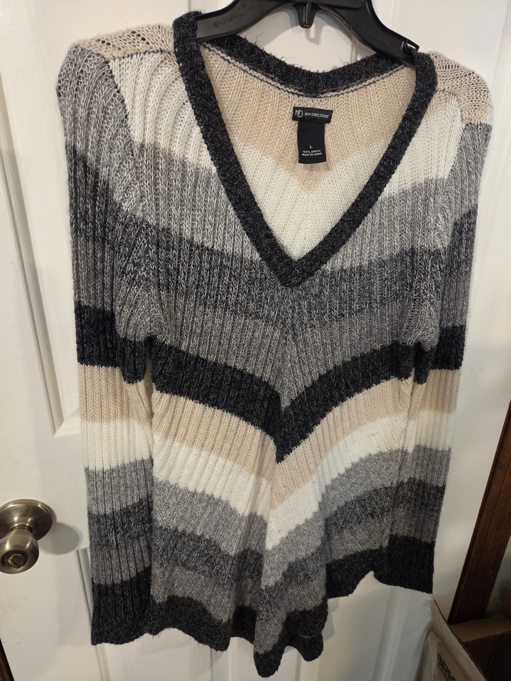 new directions Striped V-Neck Sweater Dress in Black, Gray, Cream